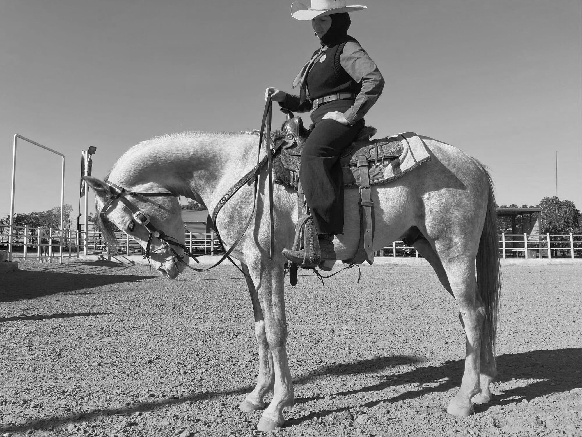 Rider on a grey horse in the arena at Sabra Ranch